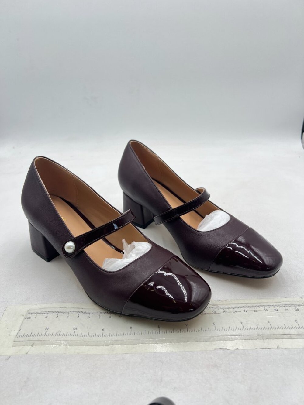 Coffee Women's Cap Toe Slip On Pumps Pearls Low Chunky Heel Mary Jane Shoes - Picture 4 of 8